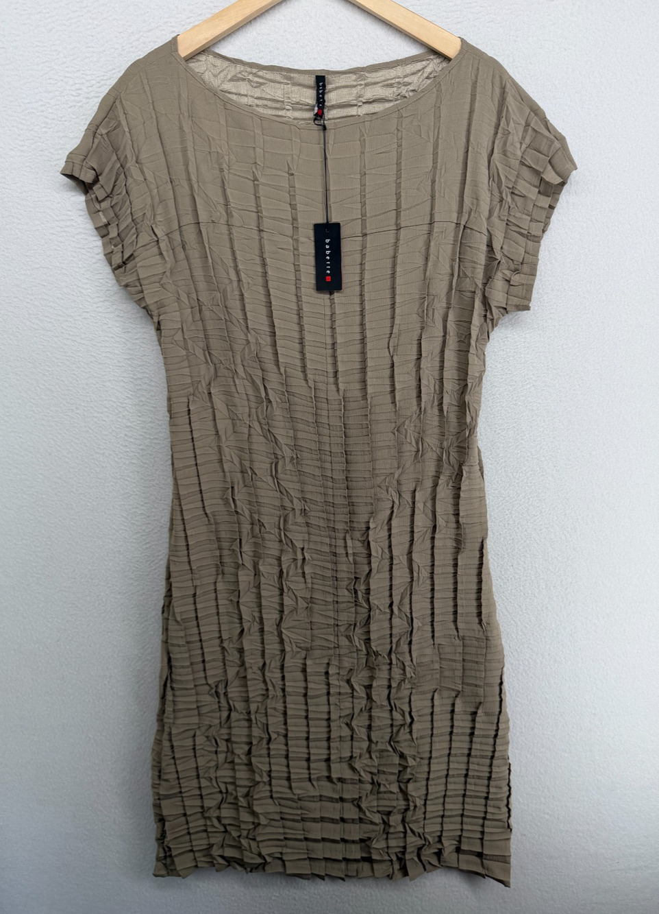 BABETTE Dress M Rain Crinkled Pleated Shift Midi Dolman Sleeve Sand NEW